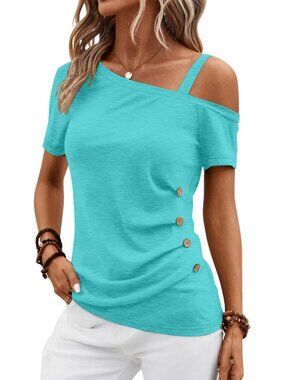 👑 Womens Lake Blue Short Sleeve Off Shoulder Asymmetrical Button Blouses Tops